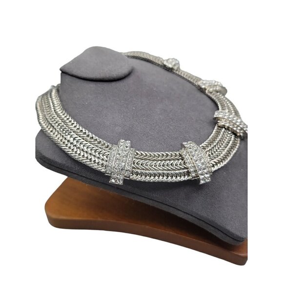 Silver Tone Mesh Collar Necklace Rhinestone Studded Woven 18" Chain - Picture 5 of 15